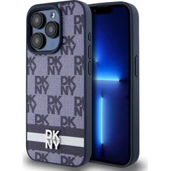 DKNY PU kožený zadný kryt s kockovaným vzorom a pruhmi pre iPhone 15 Pro Max Blue