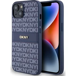 DKNY PU kožený zadný kryt s opakovaným vzorom pre iPhone 14 Blue