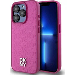 DKNY PU kožený zadný kryt s opakujúcim sa vzorom Magsafe pre iPhone 15 Pro Pink