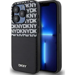 DKNY PU kožený zadný kryt s opakujúcim sa vzorom na kartu pre iPhone 14 Pro Black