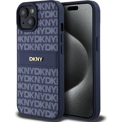 DKNY PU kožený zadný kryt s opakujúcim sa vzorom pre iPhone 15 Blue
