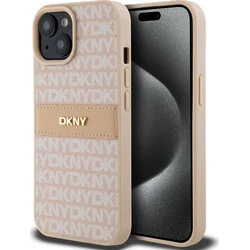 DKNY PU kožený zadný kryt s opakujúcim sa vzorom pre iPhone 15 Pink
