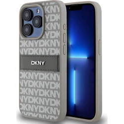 DKNY PU kožený zadný kryt s opakujúcim sa vzorom pre iPhone 15 Pro Beige