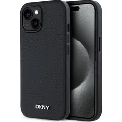 DKNY PU kožený zadný kryt Silver Metal Logo Magsafe pre iPhone 13 Black