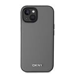 DKNY PU kožený zadný kryt Silver Metal Logo Magsafe pre iPhone 14 Grey
