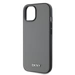 DKNY PU kožený zadný kryt Silver Metal Logo Magsafe pre iPhone 14 Grey