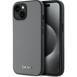 DKNY PU kožený zadný kryt Silver Metal Logo Magsafe pre iPhone 14 Grey