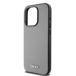 DKNY PU kožený zadný kryt Silver Metal Logo Magsafe pre iPhone 14 Pro Max Grey