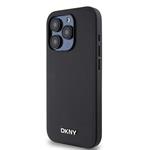DKNY PU kožený zadný kryt Silver Metal Logo Magsafe pre iPhone 15 Pro Black
