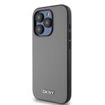 DKNY PU kožený zadný kryt Silver Metal Logo Magsafe pre iPhone 15 Pro Max Grey