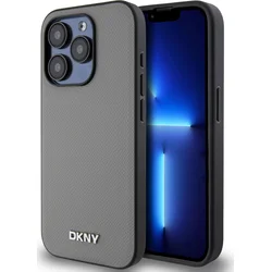 DKNY PU kožený zadný kryt Silver Metal Logo Magsafe pre iPhone 15 Pro Max Grey