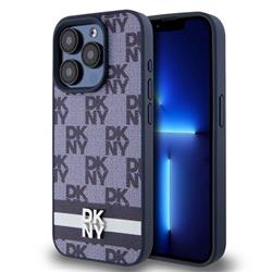 DKNY PU Leather Checkered Pattern and Stripe Zadní Kryt pro iPhone 15 Pro Max Blue