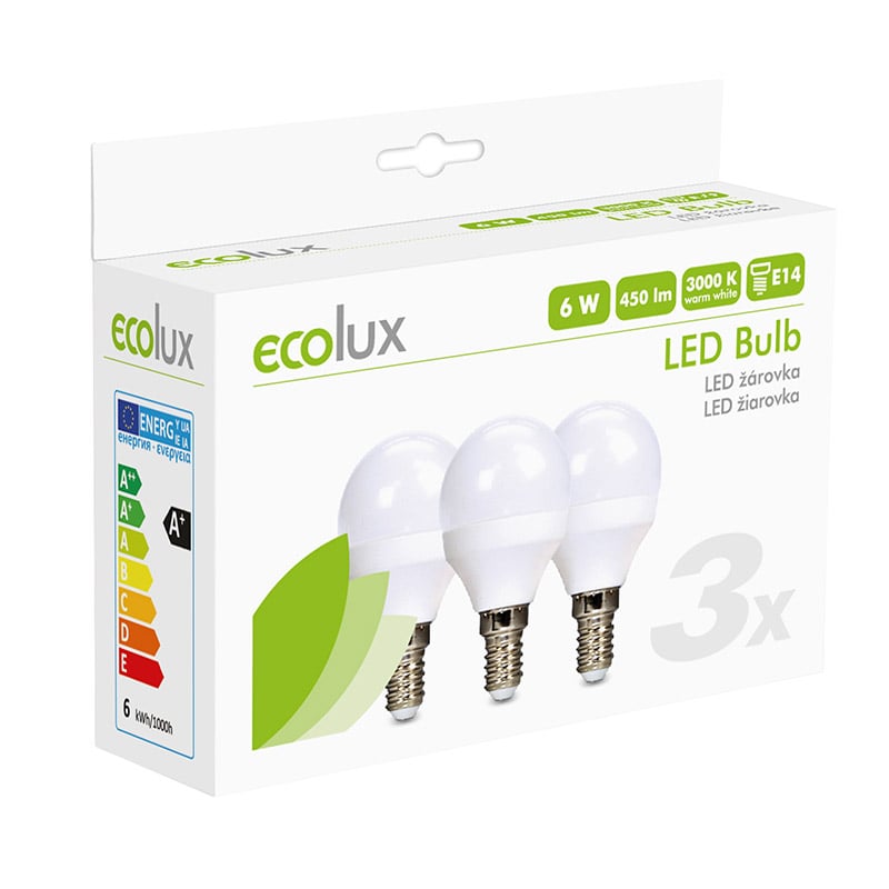 ECOLUX LED žárovka Ecolux 3-pack , miniglobe, 6W, E14, 3000K, 450lm, 3ks