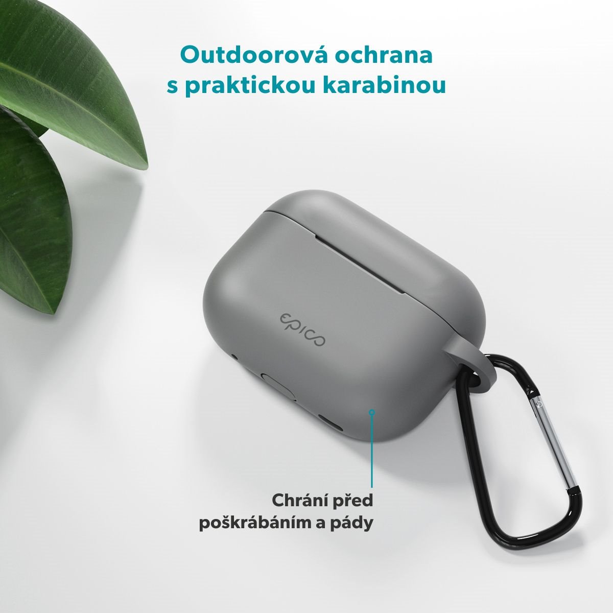Epico silikonové pouzdro s karabinou | AirPods Pro 3 | šedá | bezpečnostní karabina