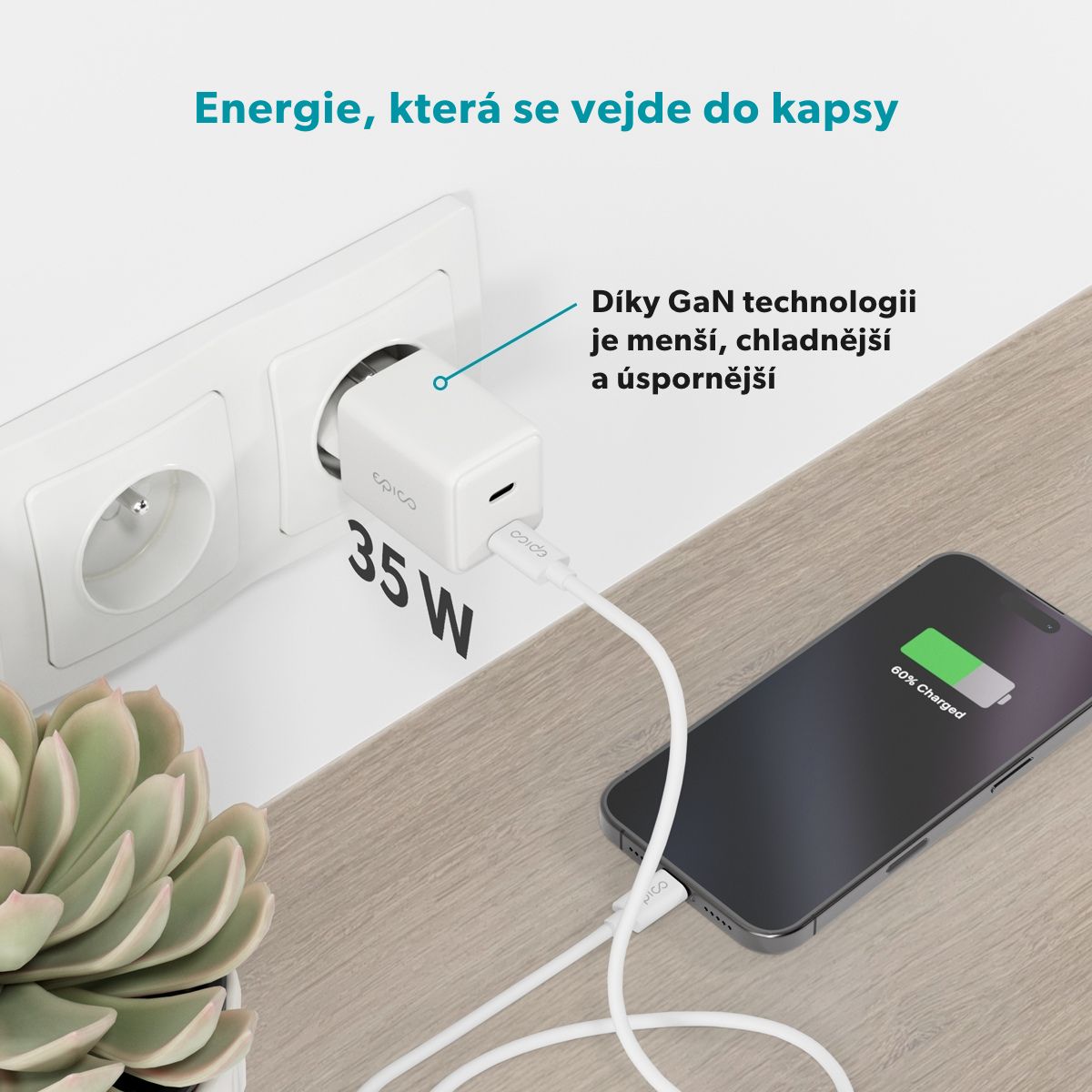 Epico UltraBoost GaN 35W síťová rychlonabíječka EA35 + 1,2m USB-C kabel - bílá