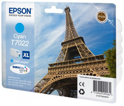 Epson T7022 XL Cyan, až 2000 stran, pro série WP4000/4500 (WP-4015,WP-4025,WP-4515,WP-4525,WP-4535,WP-4545) - originální