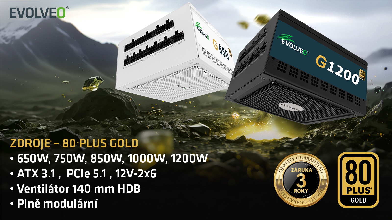 EVOLVEO G850, zdroj 850W, 80+ GOLD, ATX 3.1, PCIe 5.1, Modulární