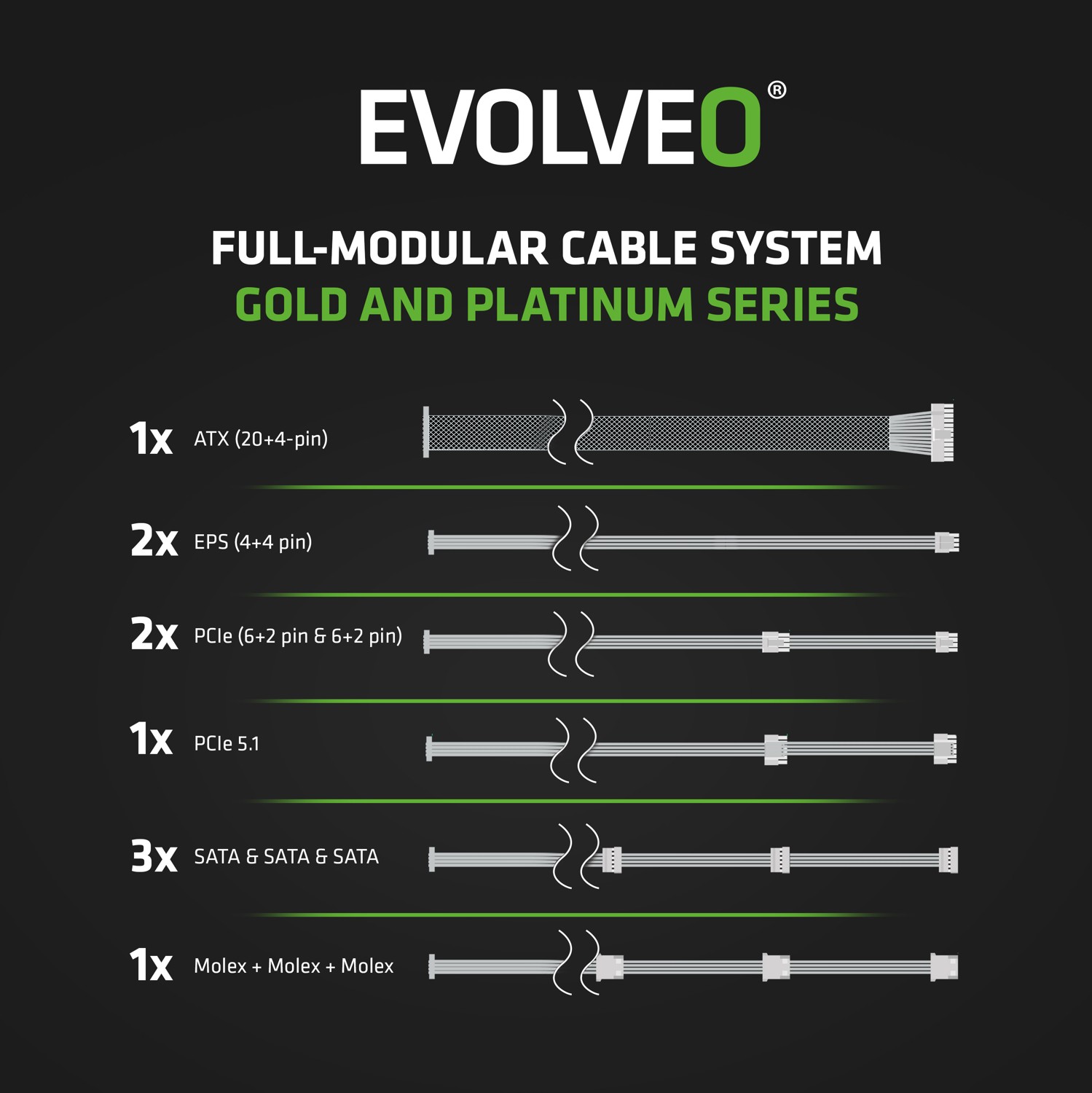 EVOLVEO P1000, 1000W, 80+ PLATINUM, ATX 3.1, PCIe 5.1, modulárny