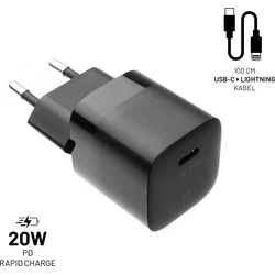 FIXED Mini sieťová nabíjačka s výstupom USB-C a káblom USB-C/Lightning, podpora PD, 1 meter, MFI, 20 W, čierna