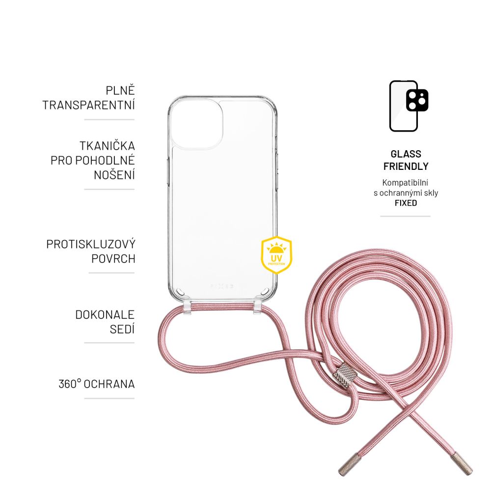 FIXED Pure Neck puzdro s ružovou šnúrkou pre Apple iPhone 15 Plus