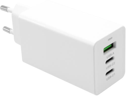 FIXED síťová nabíječka s 2xUSB-C a USB výstupem, podpora PD, 65W, bílá
