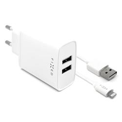 FIXED síťová nabíječka s 2xUSB výstupem a USB/Lightning kabelu, 1m, MFI certifikace, 15W Smart Rapid Charge, bílá