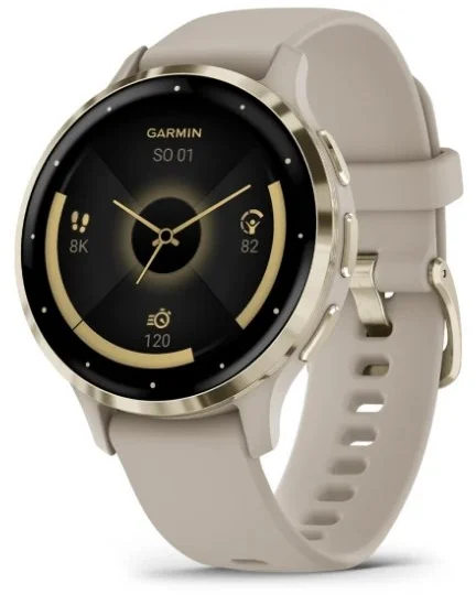 Garmin Venu 3S, Nerezová luneta Soft Gold, pouzdro French Gray, silikonový řemínek