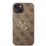 Guess PU 4G Kovový zadný kryt s logom pre iPhone 14 Brown