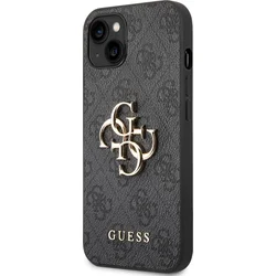 Guess PU 4G Kovový zadný kryt s logom pre iPhone 14 Grey