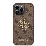 Guess PU 4G Kovový zadný kryt s logom pre iPhone 14 Pro Brown