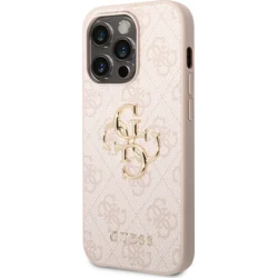 Guess PU 4G Kovový zadný kryt s logom pre iPhone 14 Pro Pink