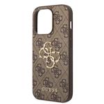 Guess PU 4G Kovový zadný kryt s logom pre iPhone 15 Pro Brown