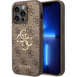 Guess PU 4G Kovový zadný kryt s logom pre iPhone 15 Pro Brown