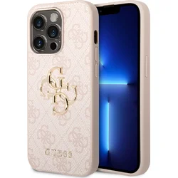 Guess PU 4G Kovový zadný kryt s logom pre iPhone 15 Pro Pink