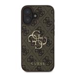 Guess PU 4G Kovový zadný kryt s logom pre iPhone 16 Brown