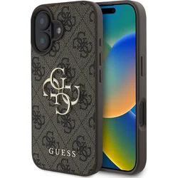 Guess PU 4G Kovový zadný kryt s logom pre iPhone 16 Brown