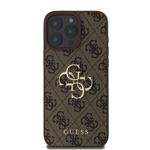 Guess PU 4G Kovový zadný kryt s logom pre iPhone 16 Pro Brown