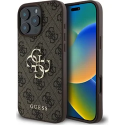 Guess PU 4G Kovový zadný kryt s logom pre iPhone 16 Pro Brown