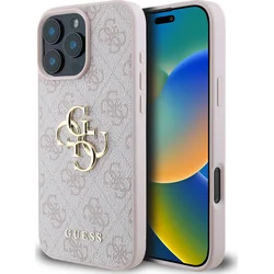 Guess PU 4G Kovový zadný kryt s logom pre iPhone 16 Pro Max Pink