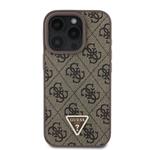 Guess PU 4G štrasový trojuholník s kovovým logom Zadný kryt + popruh na nosenie pre iPhone 16 Pro Max Brown