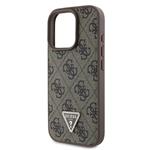 Guess PU 4G štrasový trojuholník s kovovým logom Zadný kryt + popruh pre iPhone 16 Pro Brown