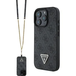 Guess PU 4G štrasový trojuholník s kovovým logom Zadný kryt + popruh pre iPhone 16 Pro Max Black