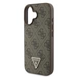 Guess PU 4G štrasový trojuholník s kovovým logom Zadný kryt pre iPhone 16 Brown