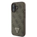 Guess PU 4G štrasový trojuholník s kovovým logom Zadný kryt pre iPhone 16 Brown