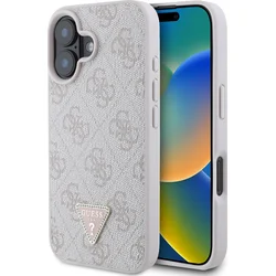 Guess PU 4G štrasový trojuholník s kovovým logom Zadný kryt pre iPhone 16 Pink