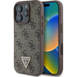 Guess PU 4G štrasový trojuholník s kovovým logom Zadný kryt pre iPhone 16 Pro Max Brown