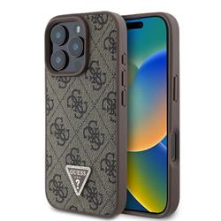 Guess PU 4G Strass Triangle Metal Logo Zadní Kryt pro iPhone 16 Pro Max Brown