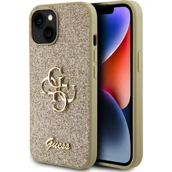 Guess PU Fixed Glitter 4G Metal Logo Zadní Kryt pro iPhone 15 Gold