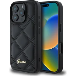 Guess PU kožený prešívaný zadný kryt pre iPhone 16 Pro Max Black
