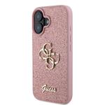 Guess PU Pevný zadný kryt 4G s kovovým logom a trblietkami pre iPhone 16 Pink